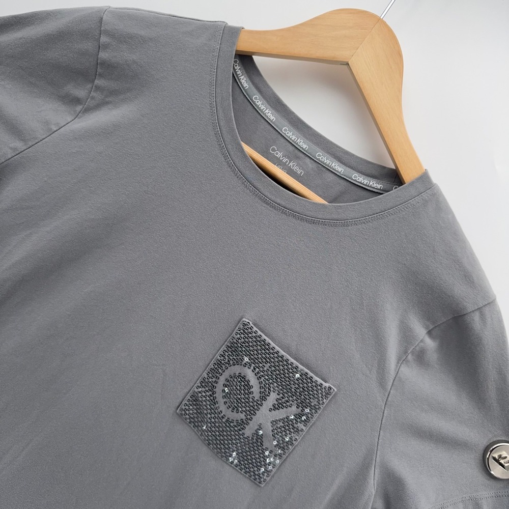 Calvin Klein Sequin Pocket Tee Womens L Grey Short Sleeve Button Accent Top